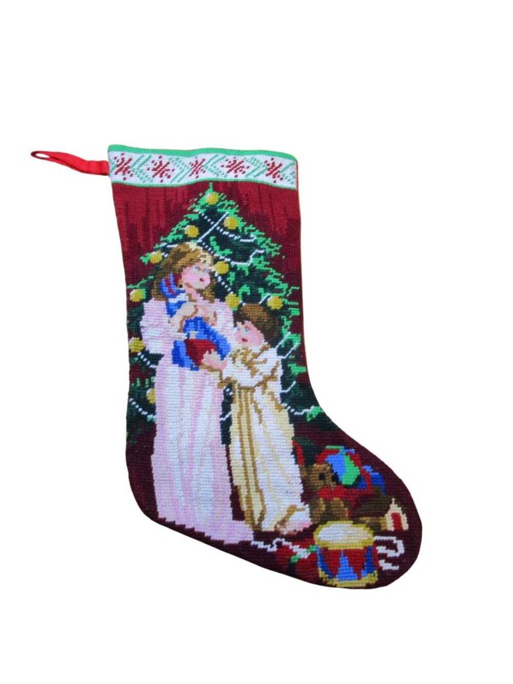 Vintage Christmas Needlepoint Stocking Victorian Children Toys Red Back